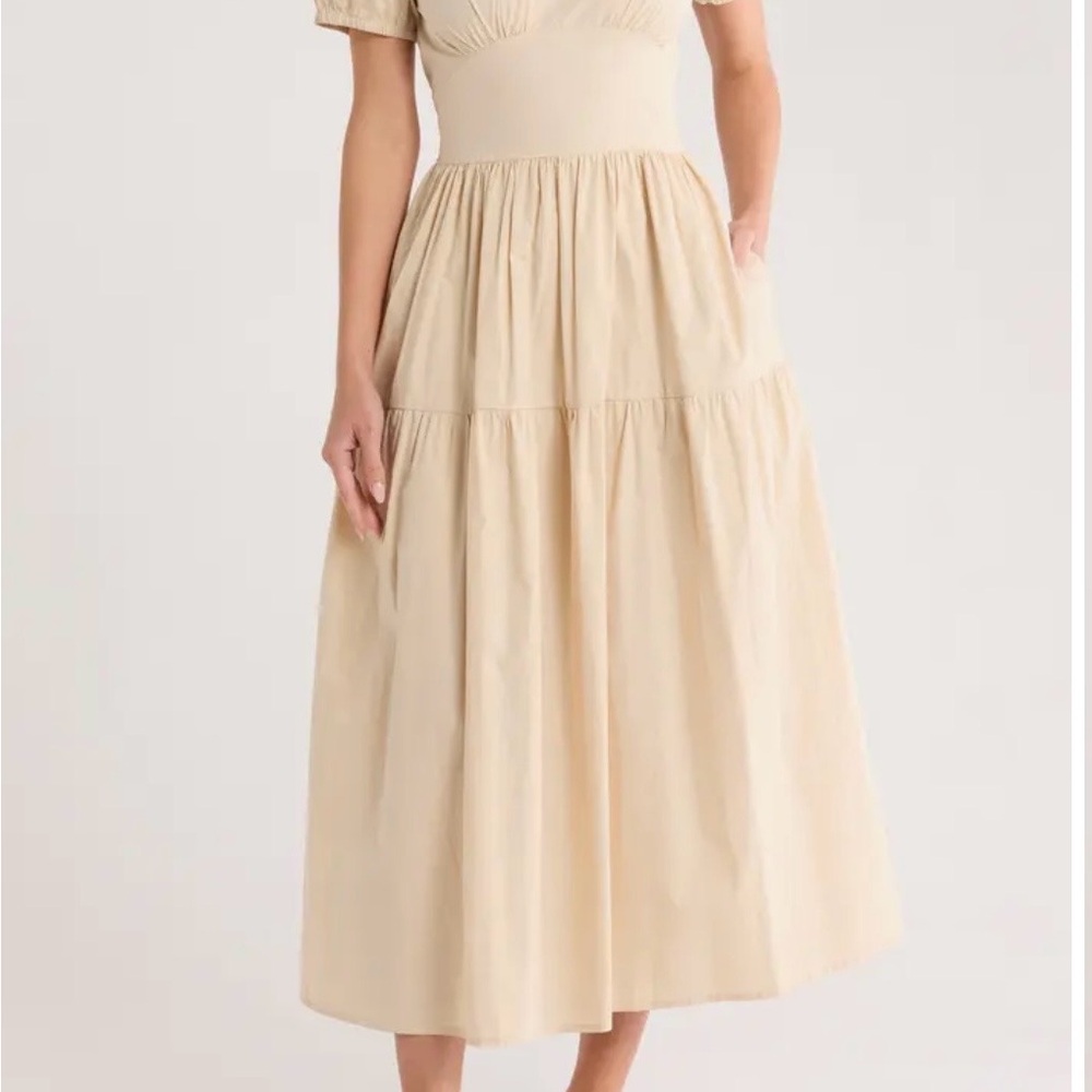 Light Khaki Bubble Sleeve Tiered Midi Dress